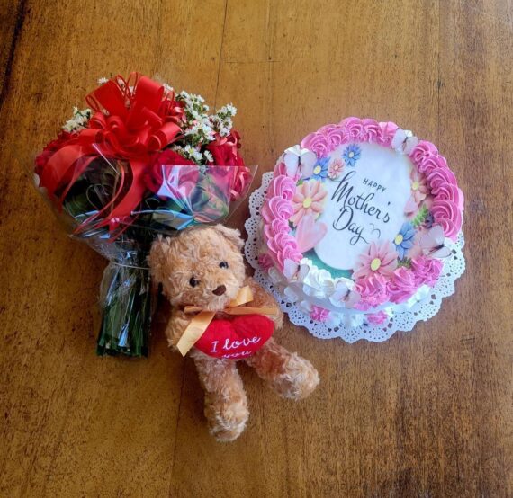 Cake Día de las Madres-Peluche- Ramo de Flores