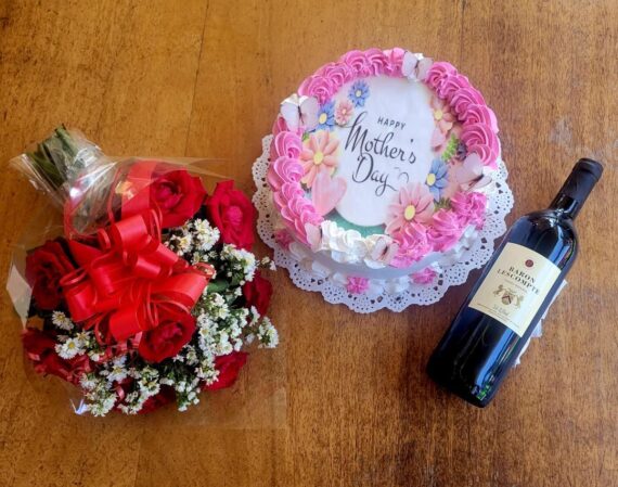 Cake Día de las Madres- Ramo Flores- Vino